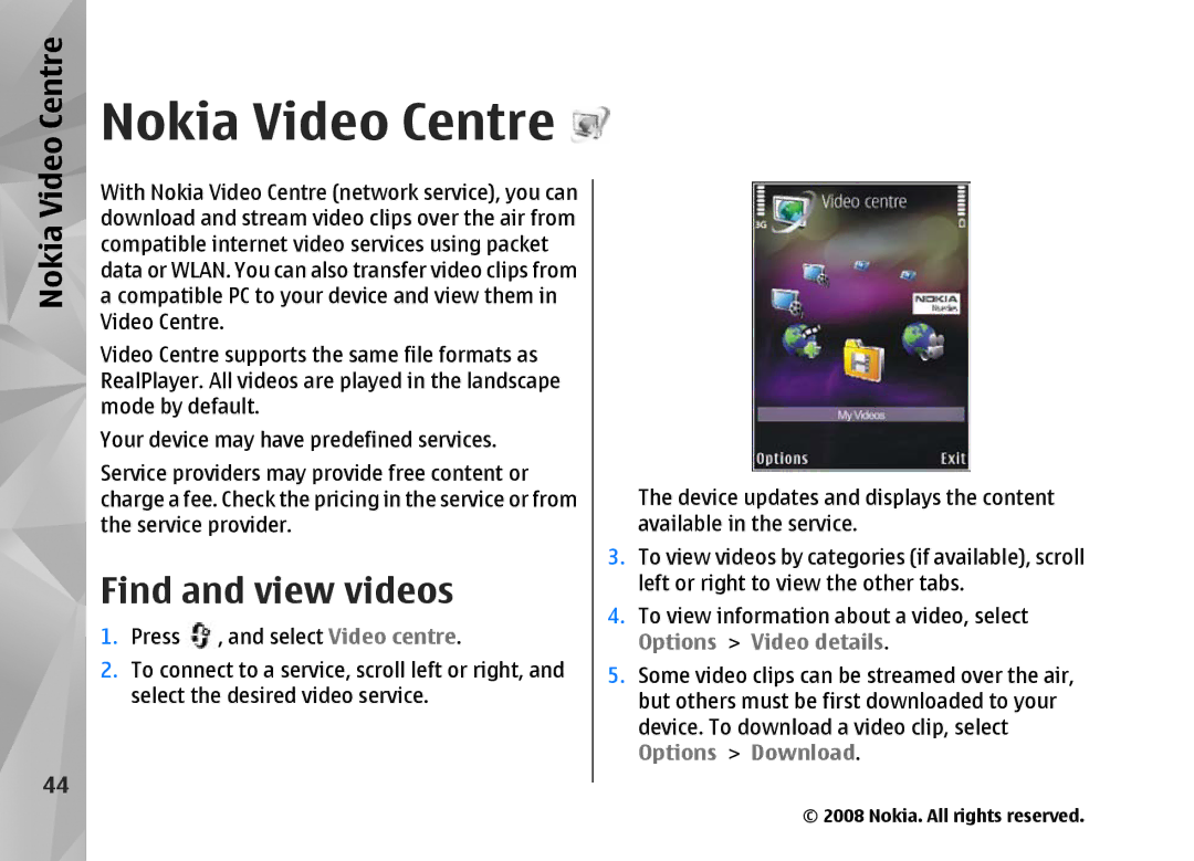 Nokia RM-320 manual Nokia Video Centre, Find and view videos 