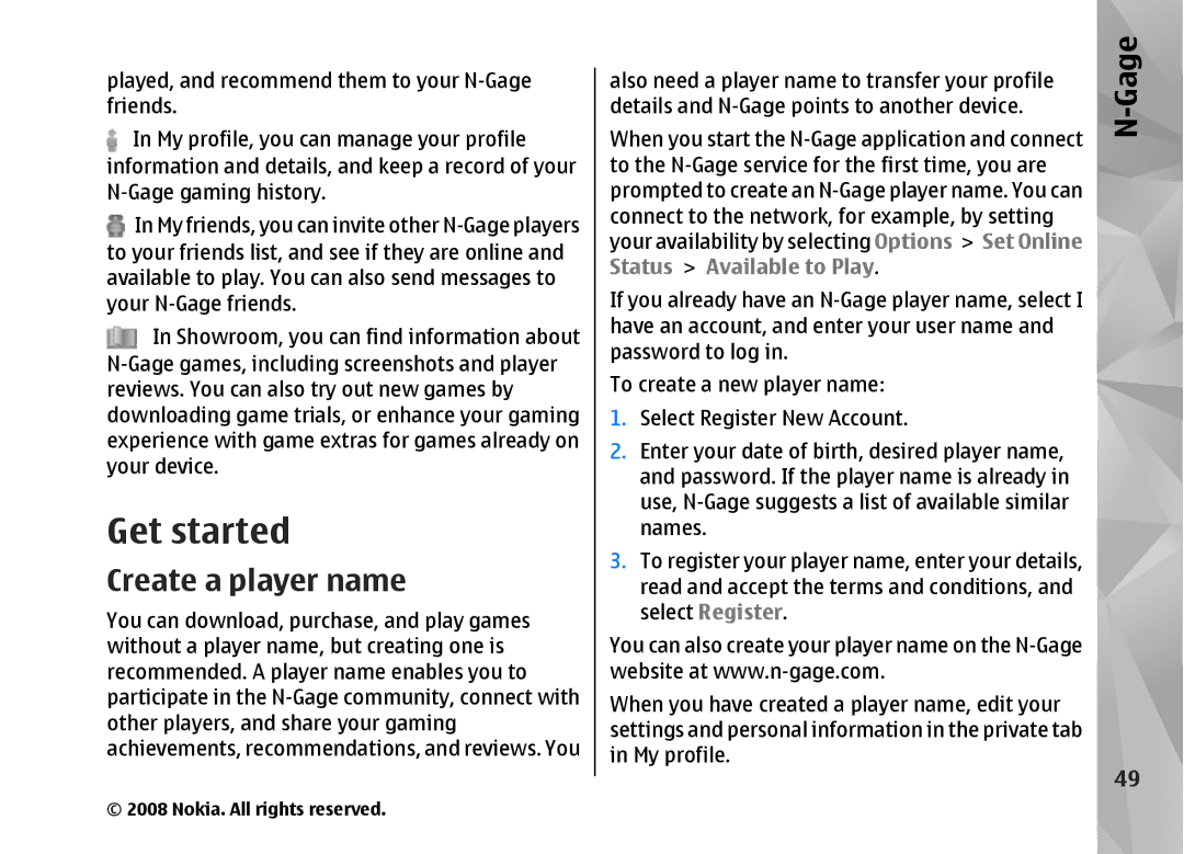 Nokia RM-320 manual Get started, Create a player name 