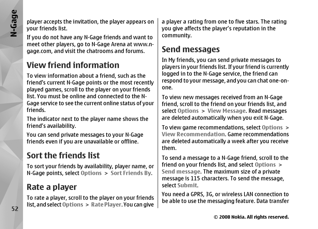 Nokia RM-320 manual View friend information, Sort the friends list, Rate a player, Send messages 