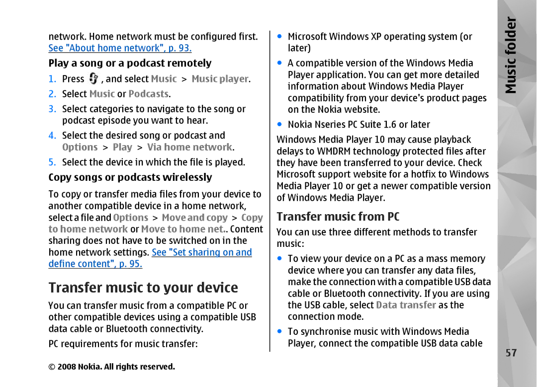 Nokia RM-320 manual Transfer music to your device, Play a song or a podcast remotely, Copy songs or podcasts wirelessly 