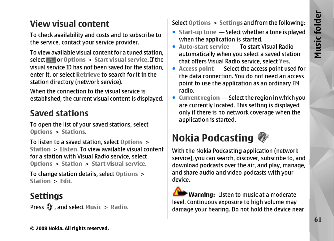 Nokia RM-320 manual Nokia Podcasting, View visual content, Saved stations, Music 