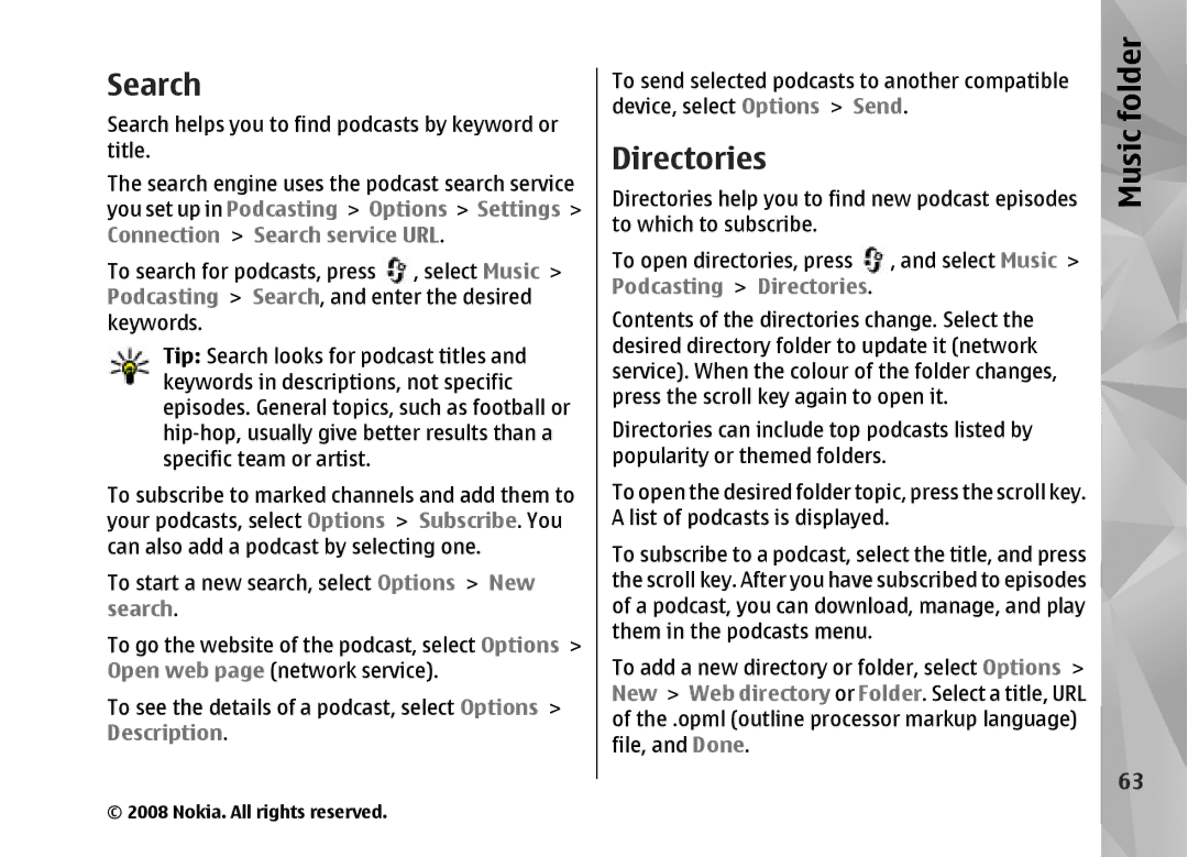 Nokia RM-320 manual Search, Podcasting Directories 