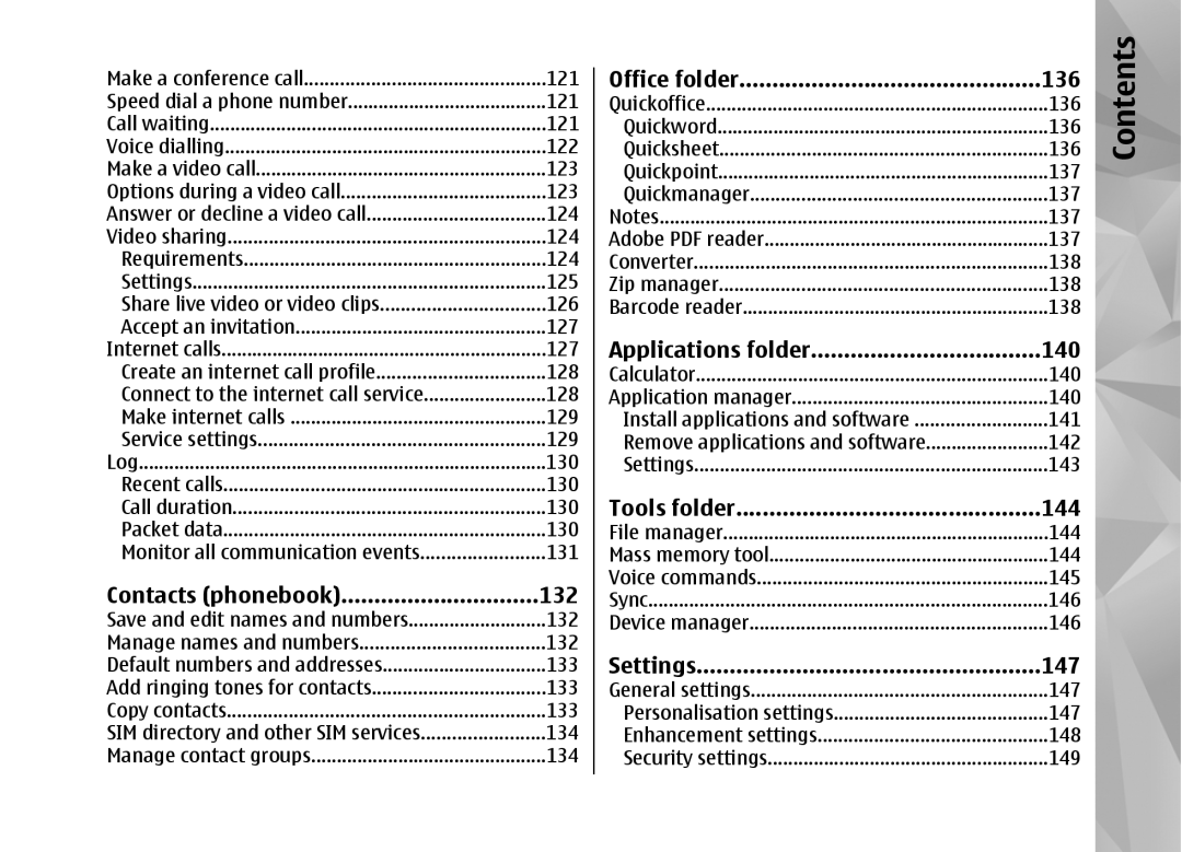 Nokia RM-320 manual Contacts phonebook 132, Office folder 136, Applications folder 140, Tools folder 144, Settings 147 