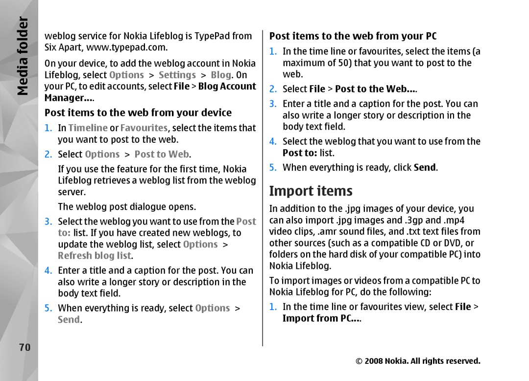 Nokia RM-320 manual Import items, Post items to the web from your device, Post items to the web from your PC 