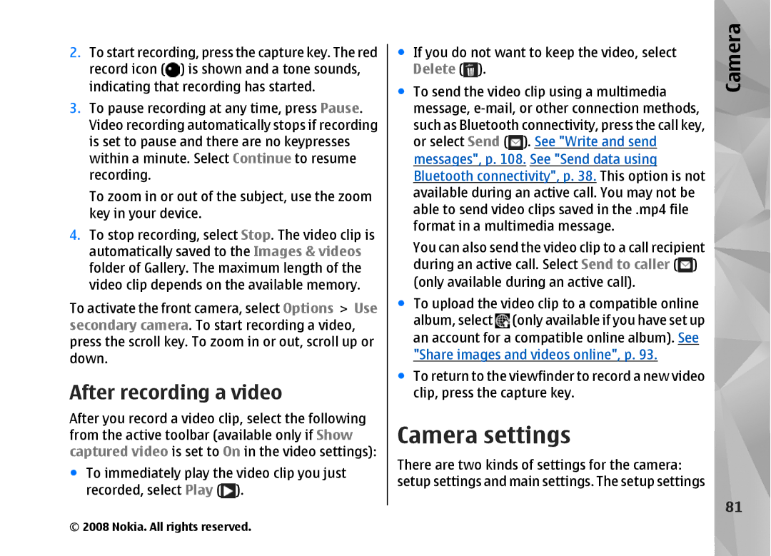 Nokia RM-320 manual Camera settings, After recording a video 