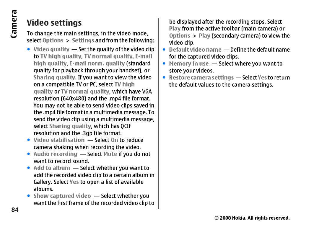 Nokia RM-320 manual Video settings 