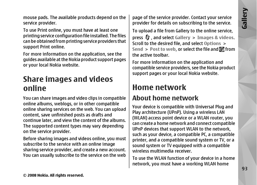 Nokia RM-320 manual Share images and videos online, Home network, About home network, Select Gallery Images & videos 