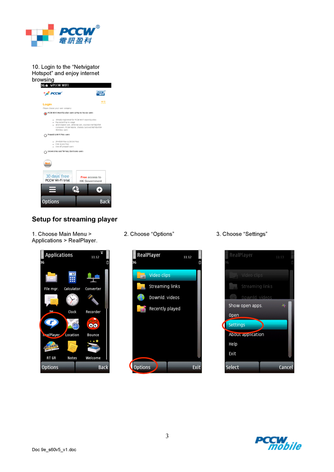 Nokia S60 v5 manual Setup for streaming player 