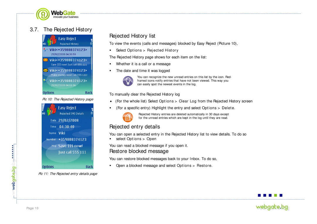 Nokia S60 user manual Rejected History list, Rejected entry details, Restore blocked message 