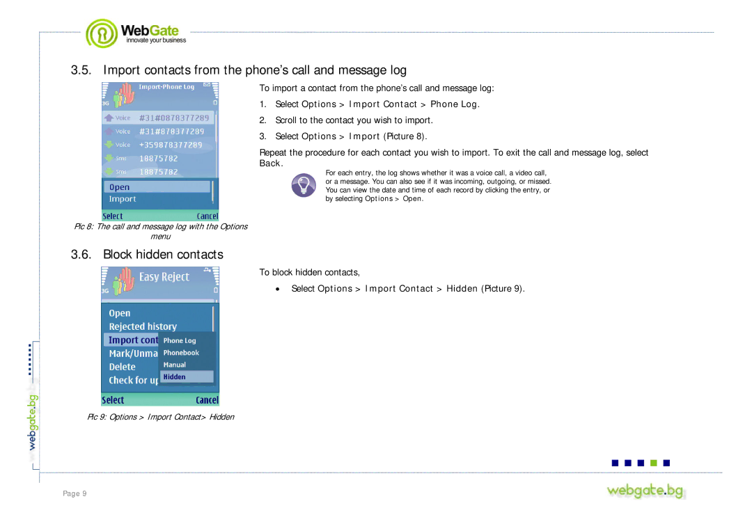 Nokia S60 user manual Import contacts from the phone’s call and message log, Block hidden contacts, Back 