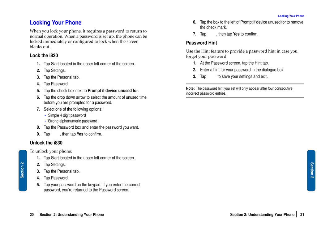 Nokia SCH-i830 manual Locking Your Phone, Unlock, Password Hint, To unlock your phone 