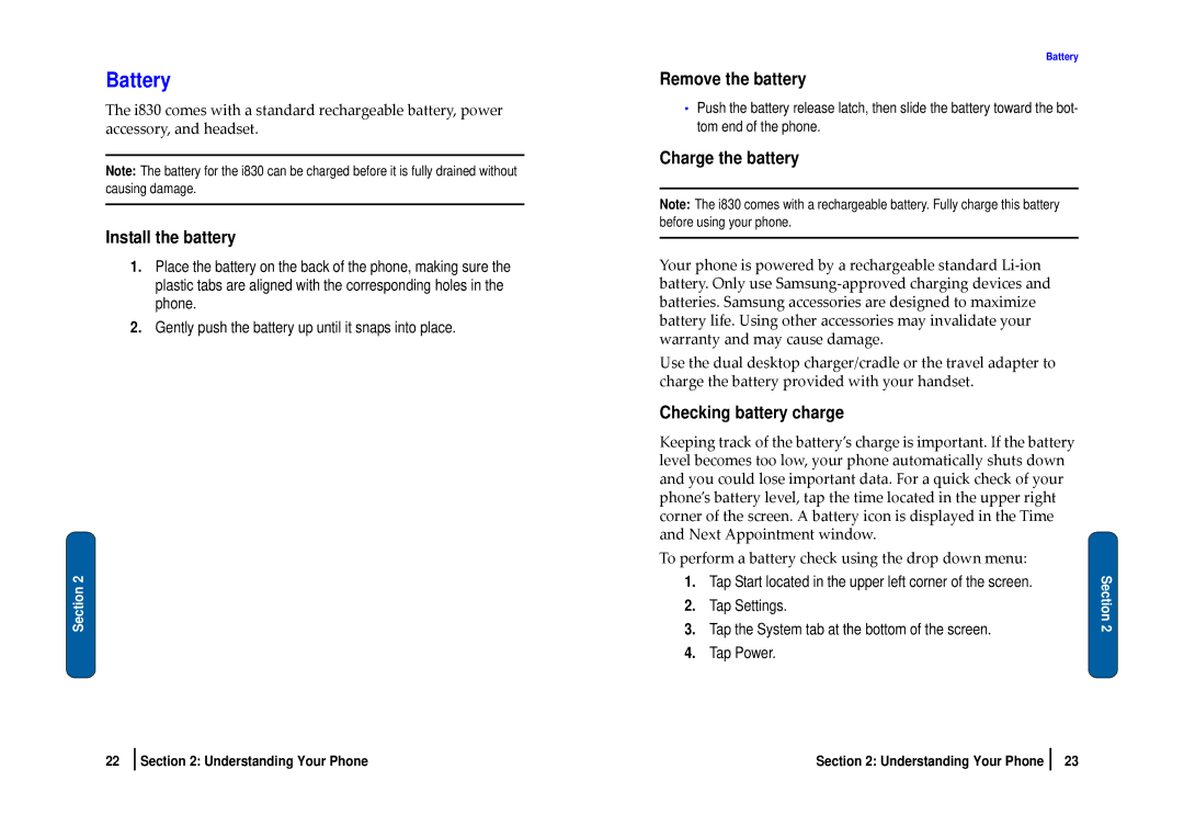 Nokia SCH-i830 manual Battery, Install the battery, Remove the battery, Charge the battery, Checking battery charge 