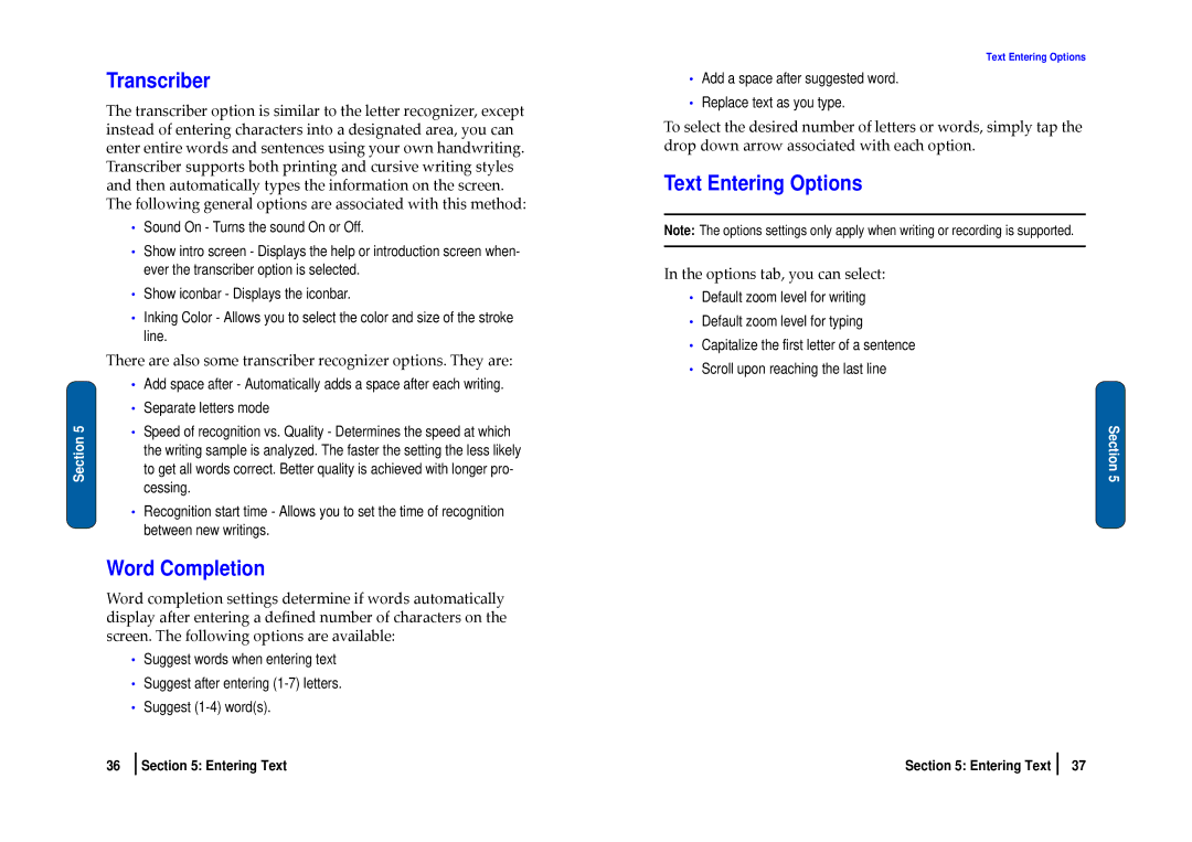 Nokia SCH-i830 manual Transcriber, Word Completion, Text Entering Options, Options tab, you can select 