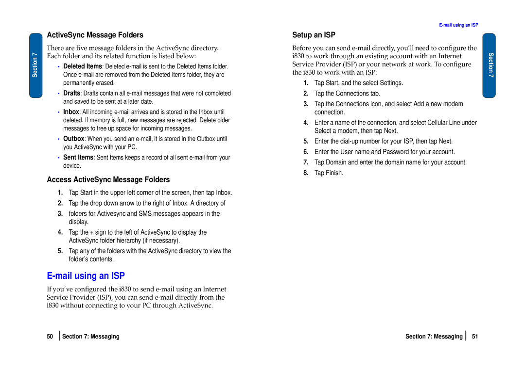 Nokia SCH-i830 manual Mail using an ISP, Access ActiveSync Message Folders, Setup an ISP 