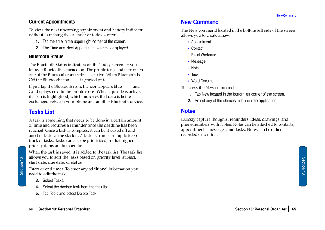 Nokia SCH-i830 manual Tasks List, New Command, Current Appointments, Bluetooth Status, To access the New command 