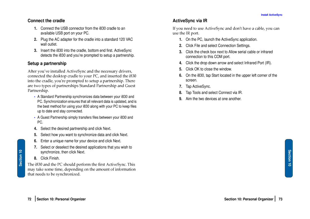 Nokia SCH-i830 manual Connect the cradle, Setup a partnership, ActiveSync via IR 