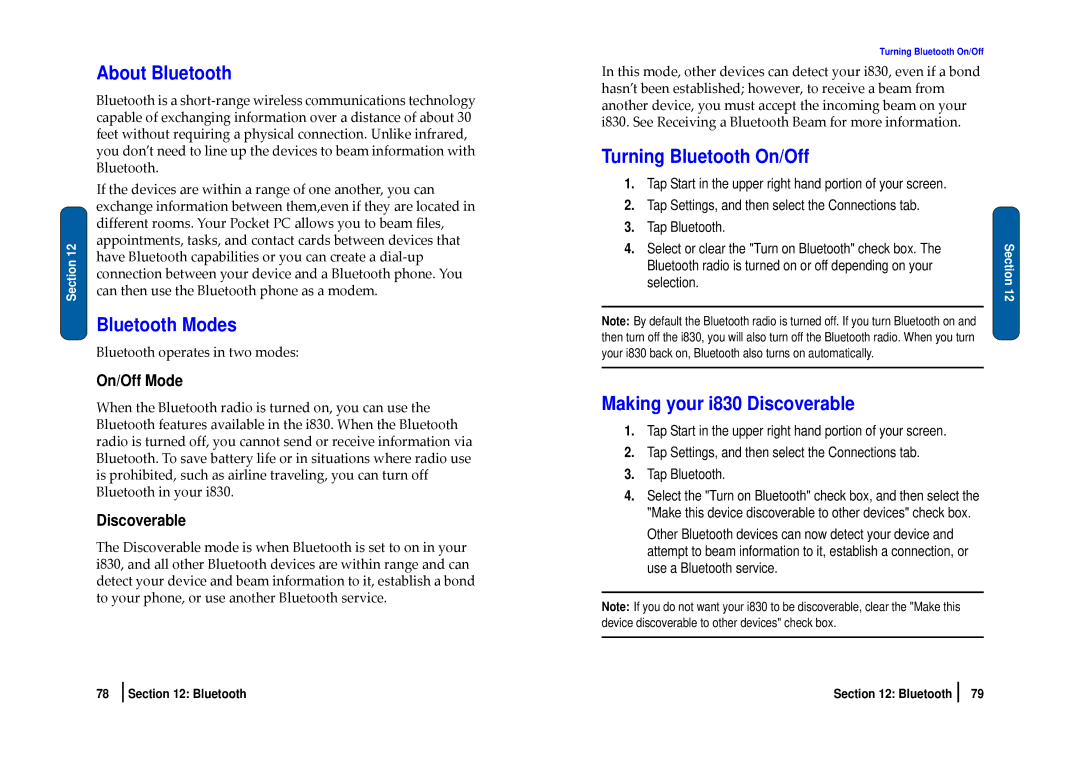 Nokia SCH-i830 manual About Bluetooth, Bluetooth Modes, Turning Bluetooth On/Off, Making your i830 Discoverable 