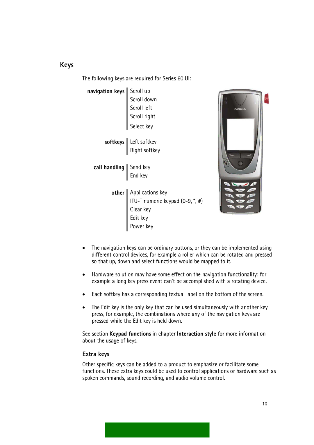 Nokia manual Keys, Extra keys, Following keys are required for Series 60 UI, Softkeys Call handling Other 