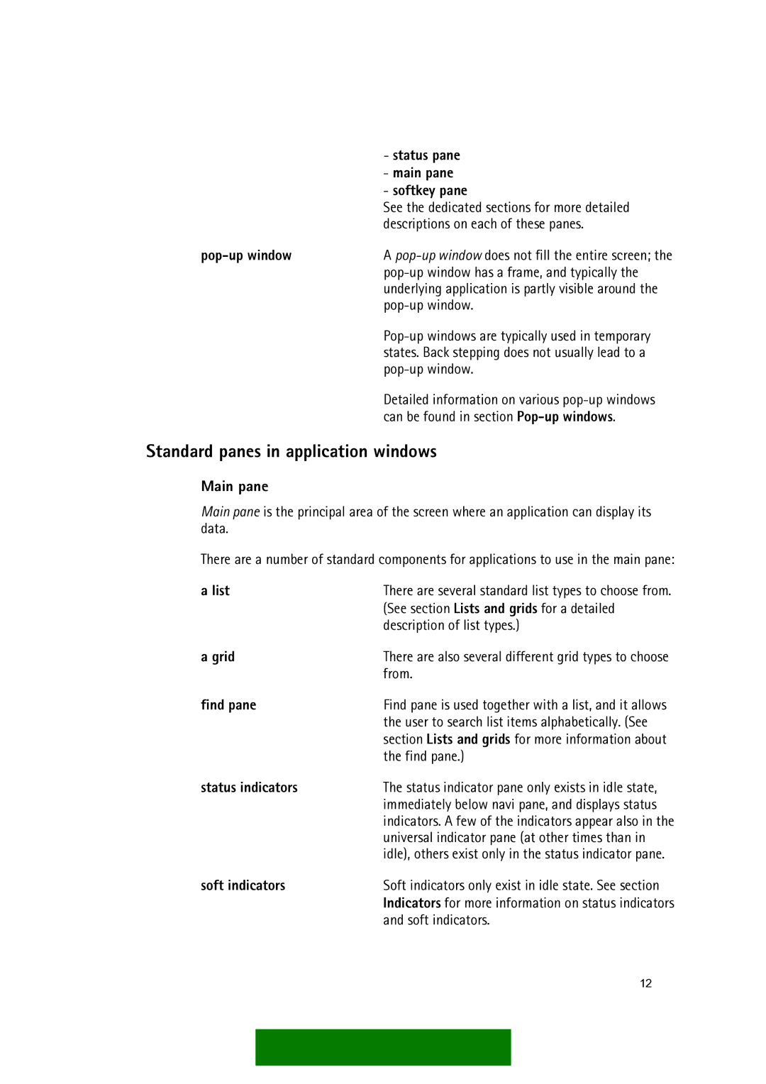 Nokia Series 60 manual Standard panes in application windows, Main pane 