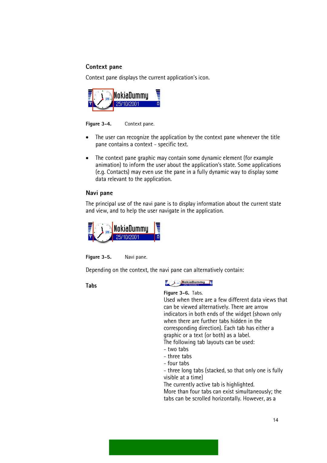 Nokia Series 60 manual Navi pane, Context pane displays the current applications icon, Tabs 