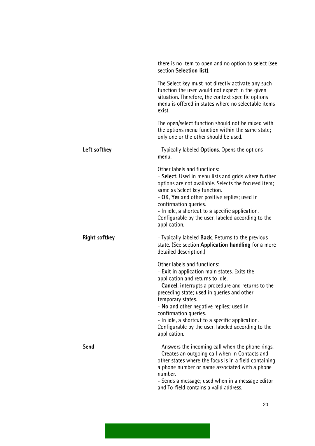 Nokia Series 60 manual Section Selection list, Left softkey, Right softkey, Send 