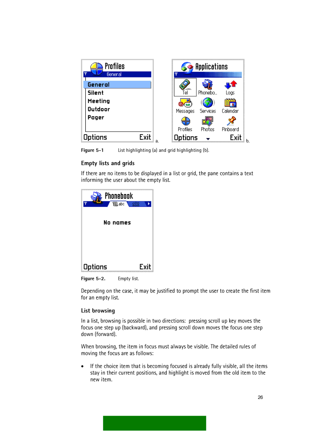 Nokia Series 60 manual Empty lists and grids, List browsing 