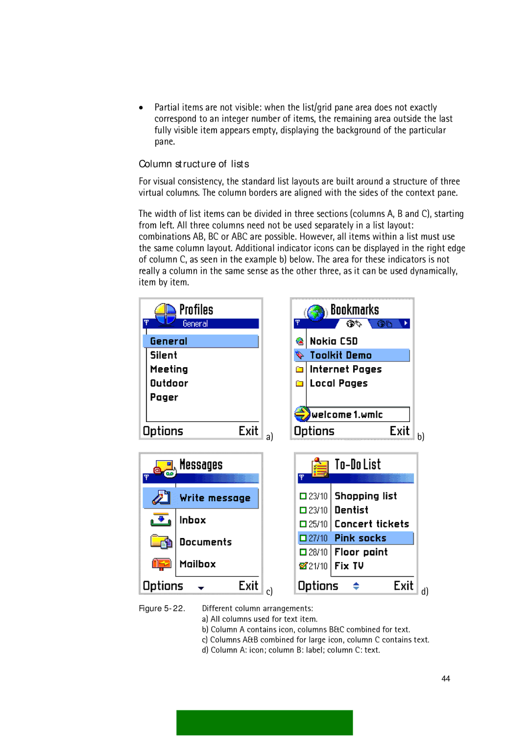 Nokia Series 60 manual Column structure of lists 