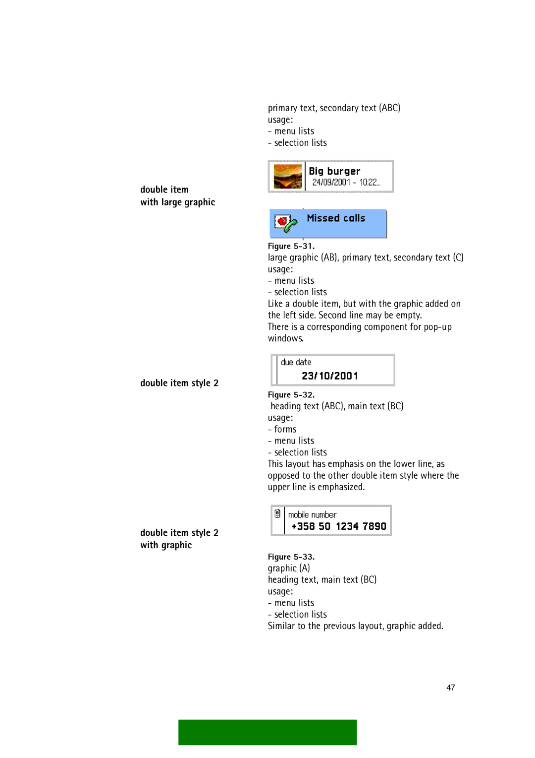 Nokia Series 60 manual Double item With large graphic, Double item style 2 with graphic 