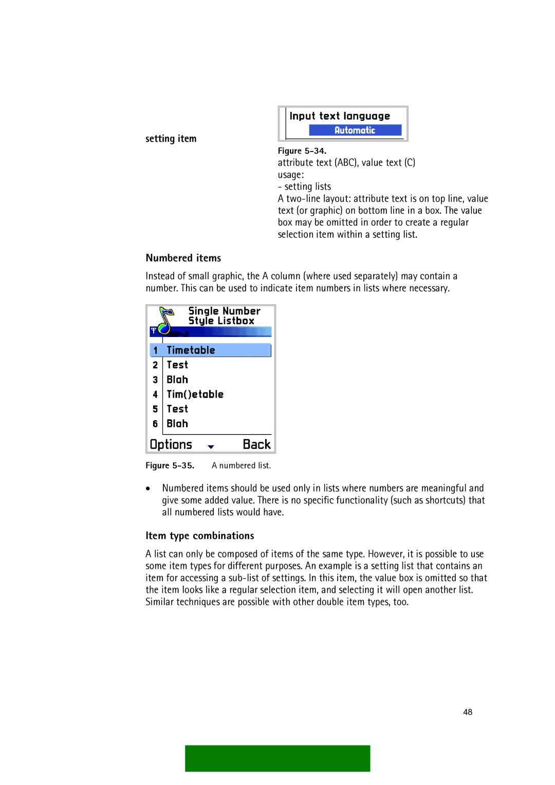 Nokia Series 60 Numbered items, Item type combinations, Setting item, Attribute text ABC, value text C usage Setting lists 