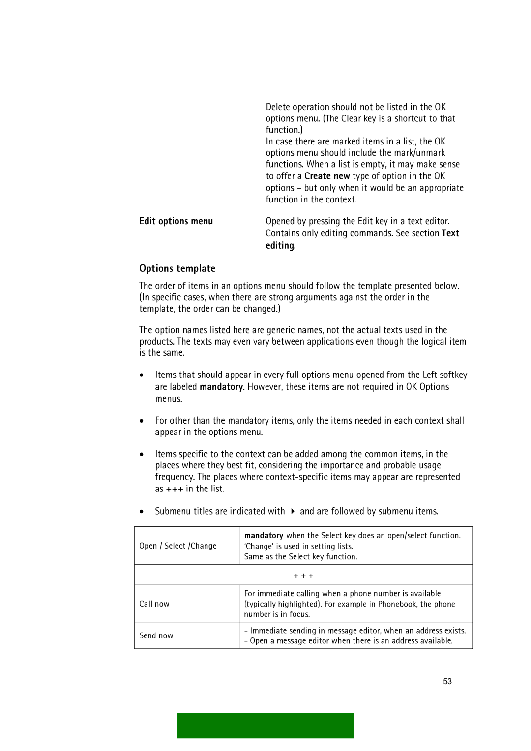 Nokia Series 60 manual Options template, Function in the context, Edit options menu, Editing 