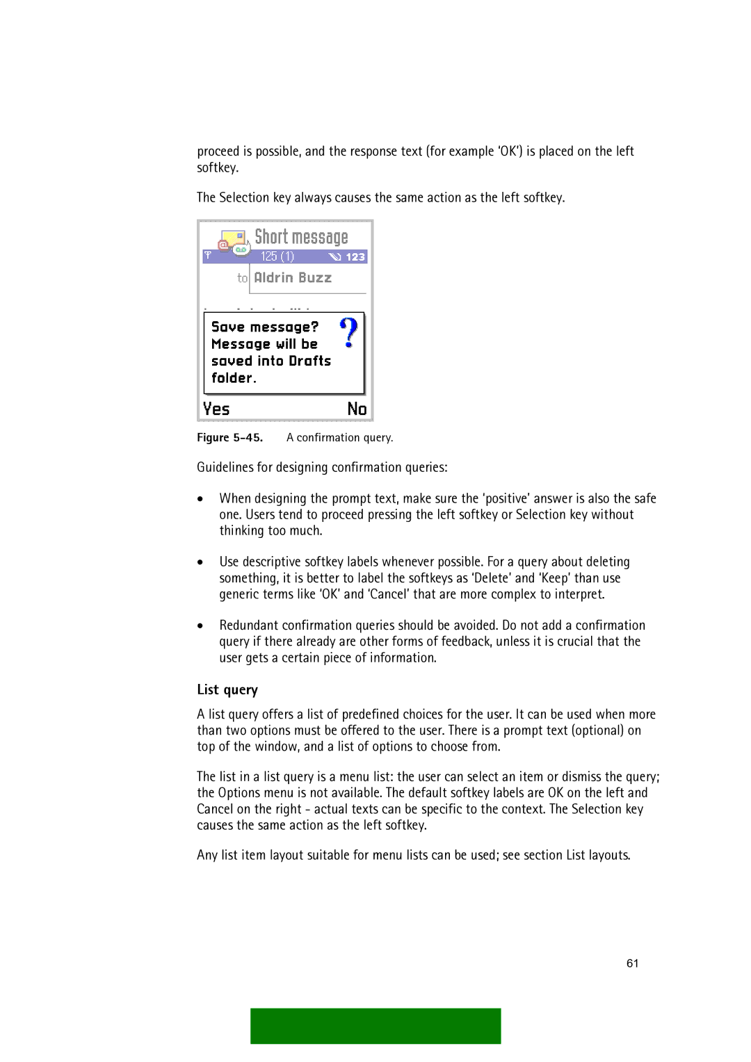 Nokia Series 60 manual List query, A confirmation query 