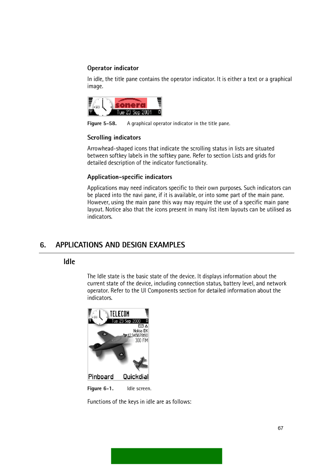 Nokia Series 60 manual Idle, Operator indicator, Scrolling indicators, Application-specific indicators 