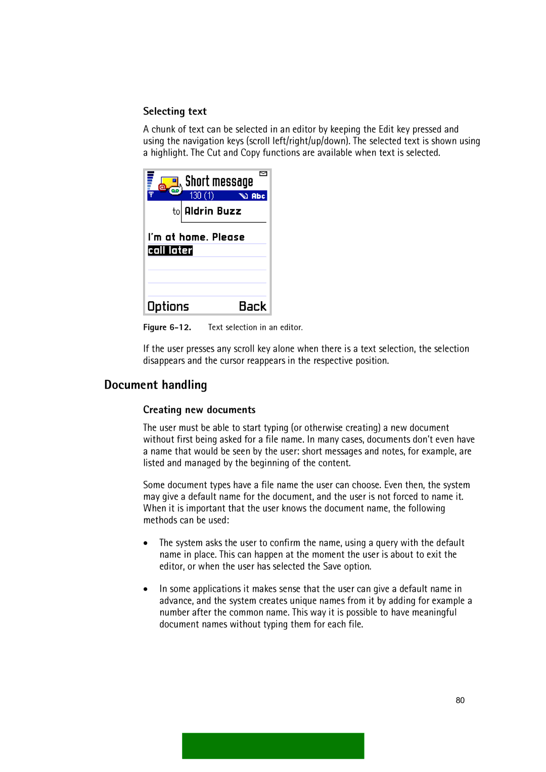 Nokia Series 60 manual Document handling, Selecting text, Creating new documents 