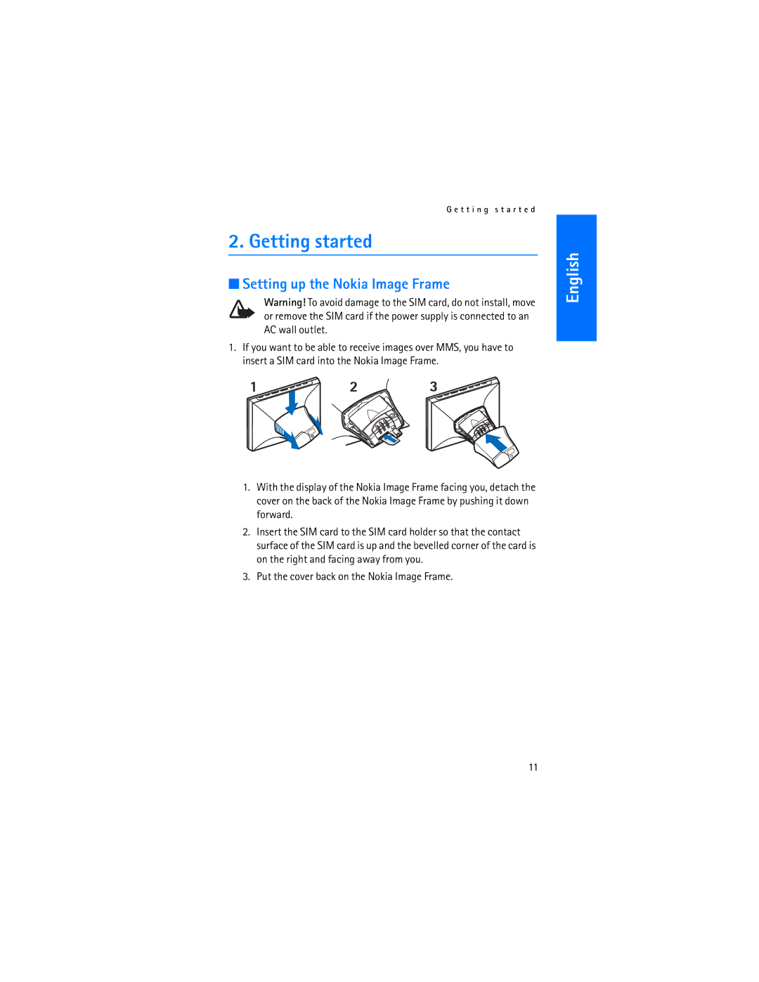 Nokia SU-7 manual Getting started, Setting up the Nokia Image Frame, Put the cover back on the Nokia Image Frame 