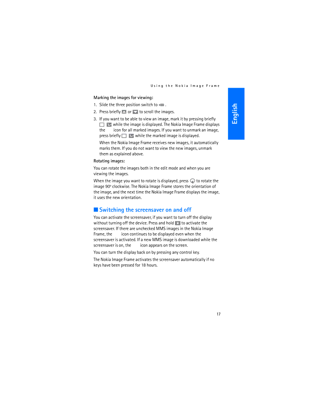 Nokia SU-7 manual Switching the screensaver on and off, Marking the images for viewing, Rotating images 