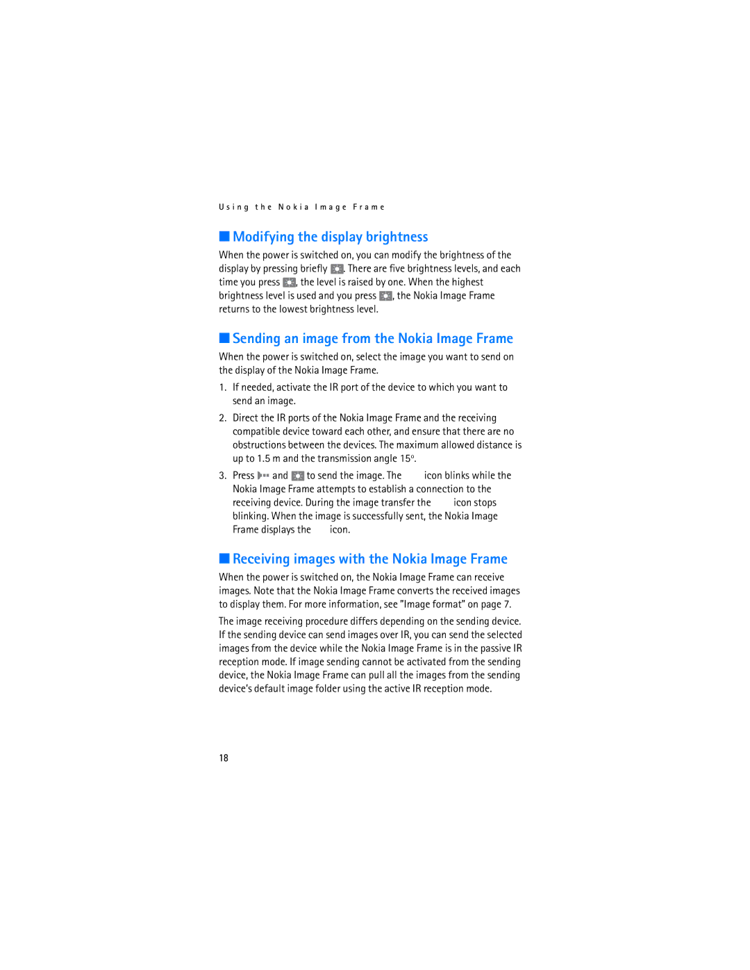 Nokia SU-7 manual Modifying the display brightness, Sending an image from the Nokia Image Frame 