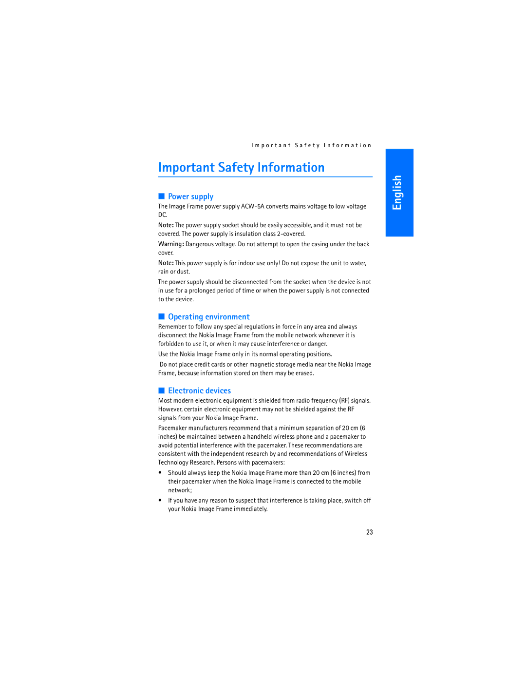 Nokia SU-7 manual Important Safety Information, Power supply 