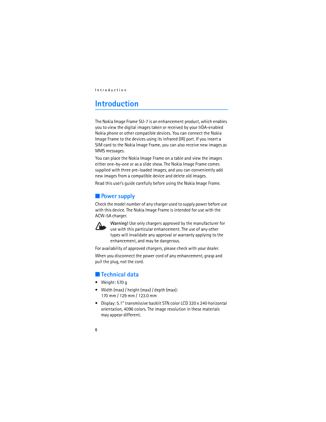 Nokia SU-7 manual Introduction, Power supply, Technical data 