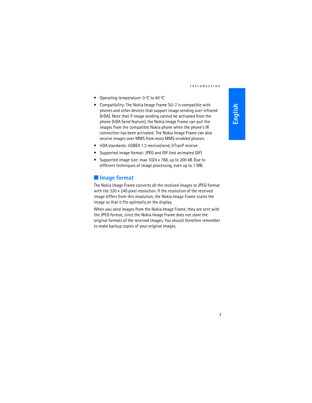 Nokia SU-7 manual Image format, Operating temperature 0 oC to 40 oC 