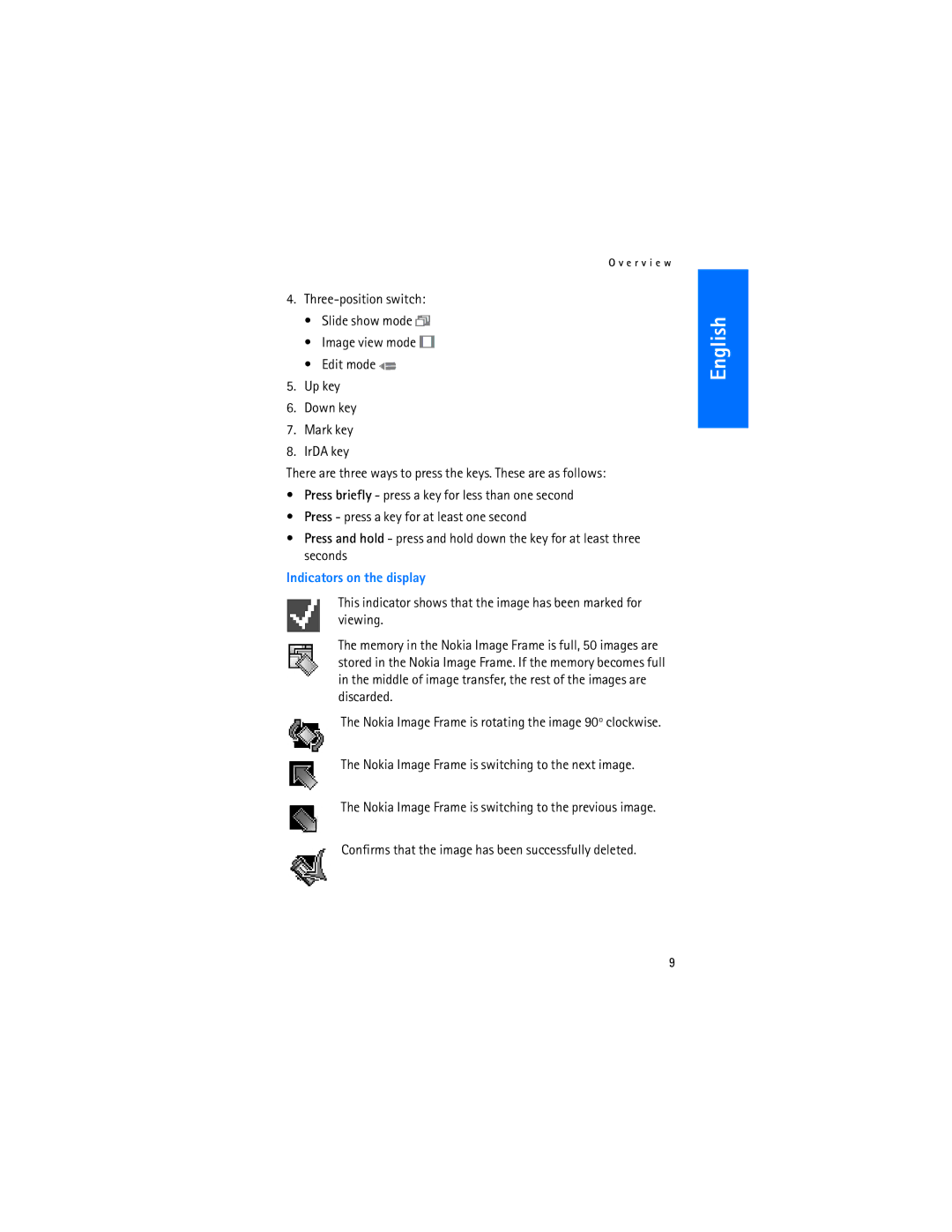 Nokia SU-7 manual Nokia Image Frame is switching to the next image, Confirms that the image has been successfully deleted 