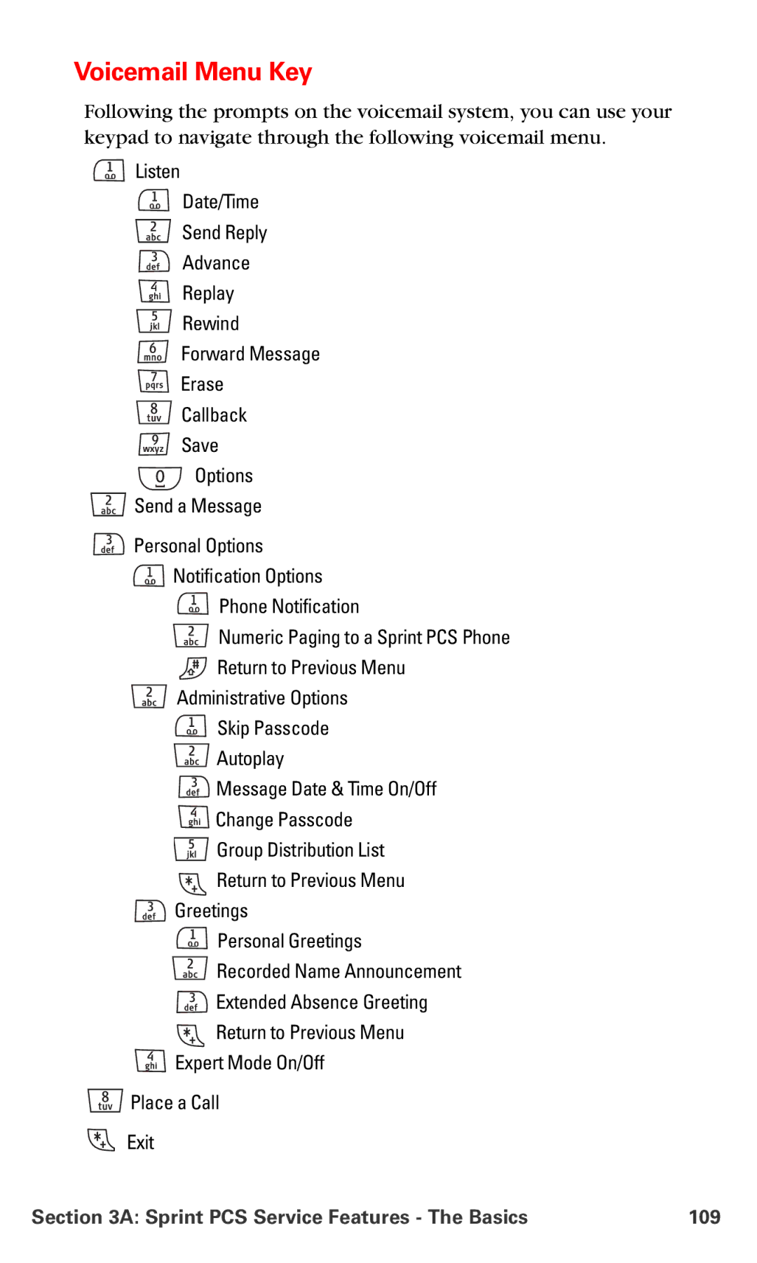 Nokia V-6016i manual Voicemail Menu Key, Sprint PCS Service Features The Basics 109 