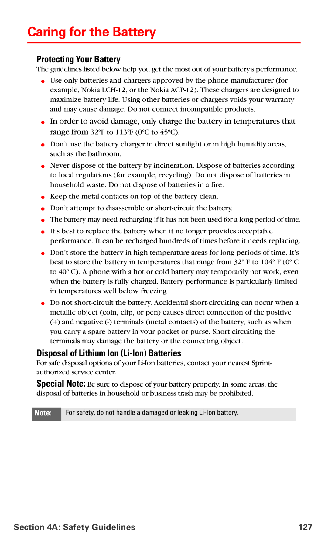 Nokia V-6016i manual Caring for the Battery, Protecting Your Battery, Disposal of Lithium Ion Li-Ion Batteries 