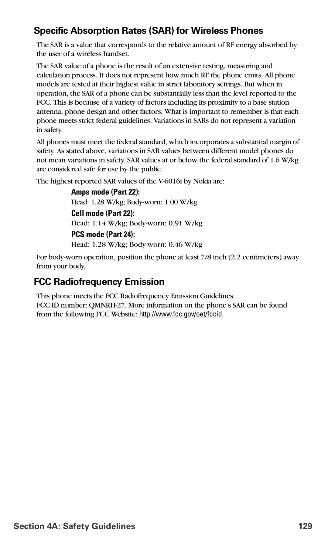 Nokia V-6016i manual Specific Absorption Rates SAR for Wireless Phones, FCC Radiofrequency Emission, Safety Guidelines 129 