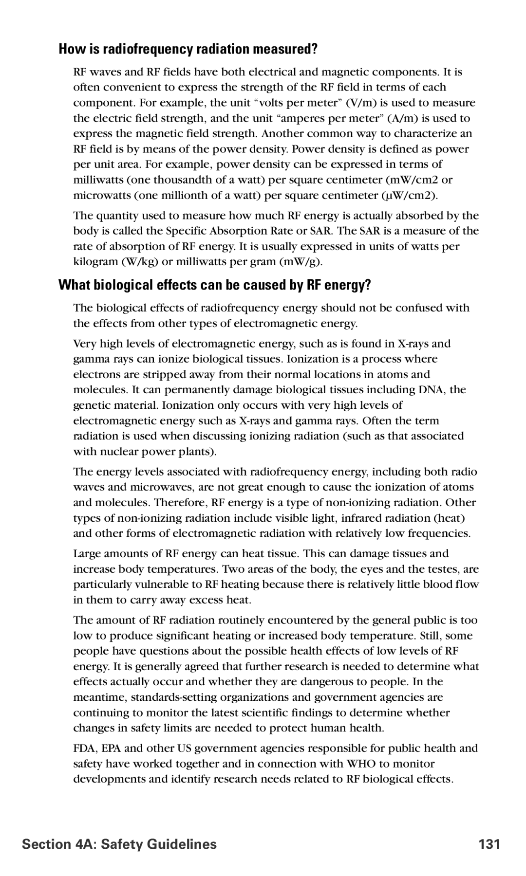 Nokia V-6016i manual How is radiofrequency radiation measured?, What biological effects can be caused by RF energy? 