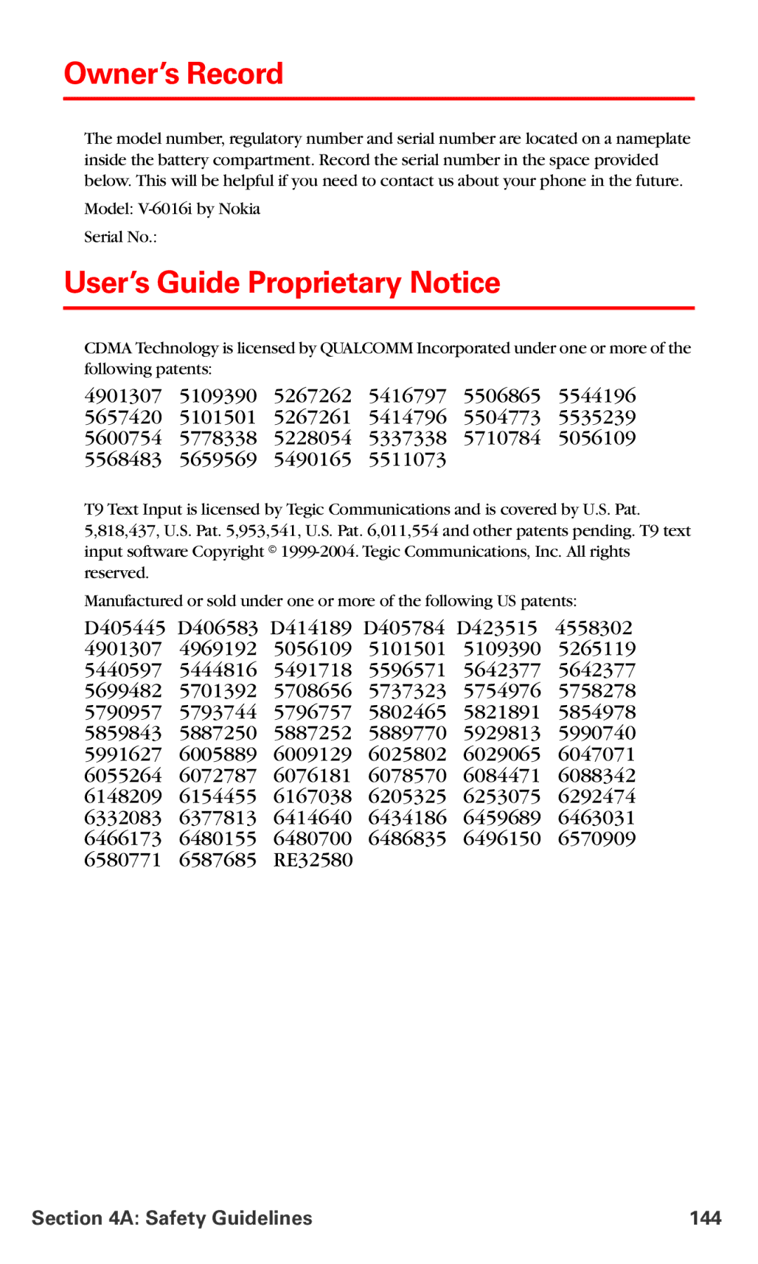 Nokia V-6016i manual Owner’s Record, User’s Guide Proprietary Notice, Safety Guidelines 144 