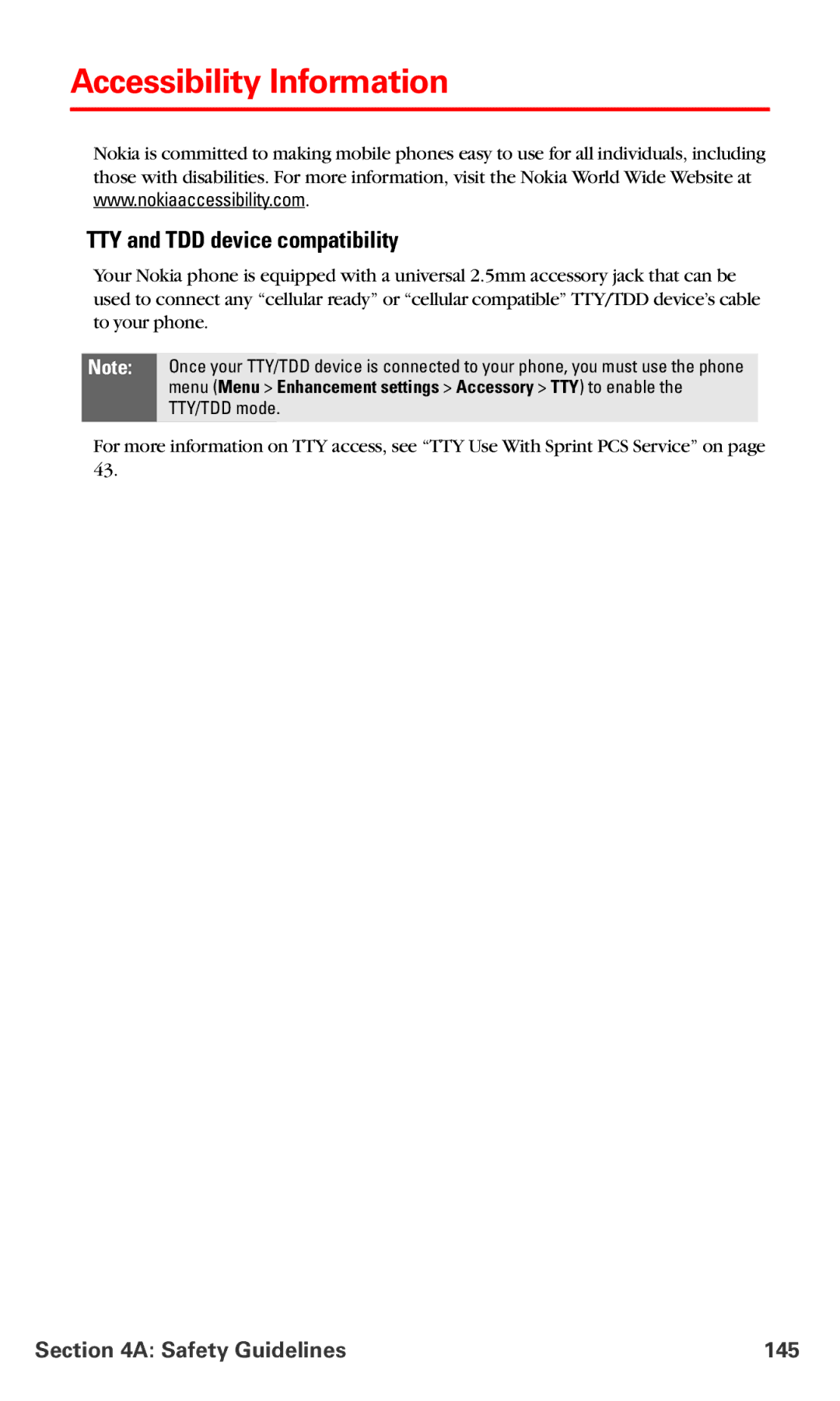 Nokia V-6016i manual Accessibility Information, TTY and TDD device compatibility, Safety Guidelines 145 