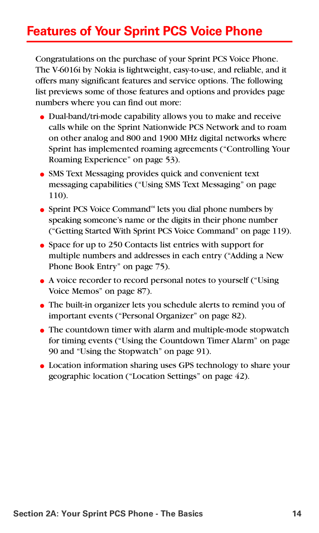 Nokia V-6016i manual Features of Your Sprint PCS Voice Phone 