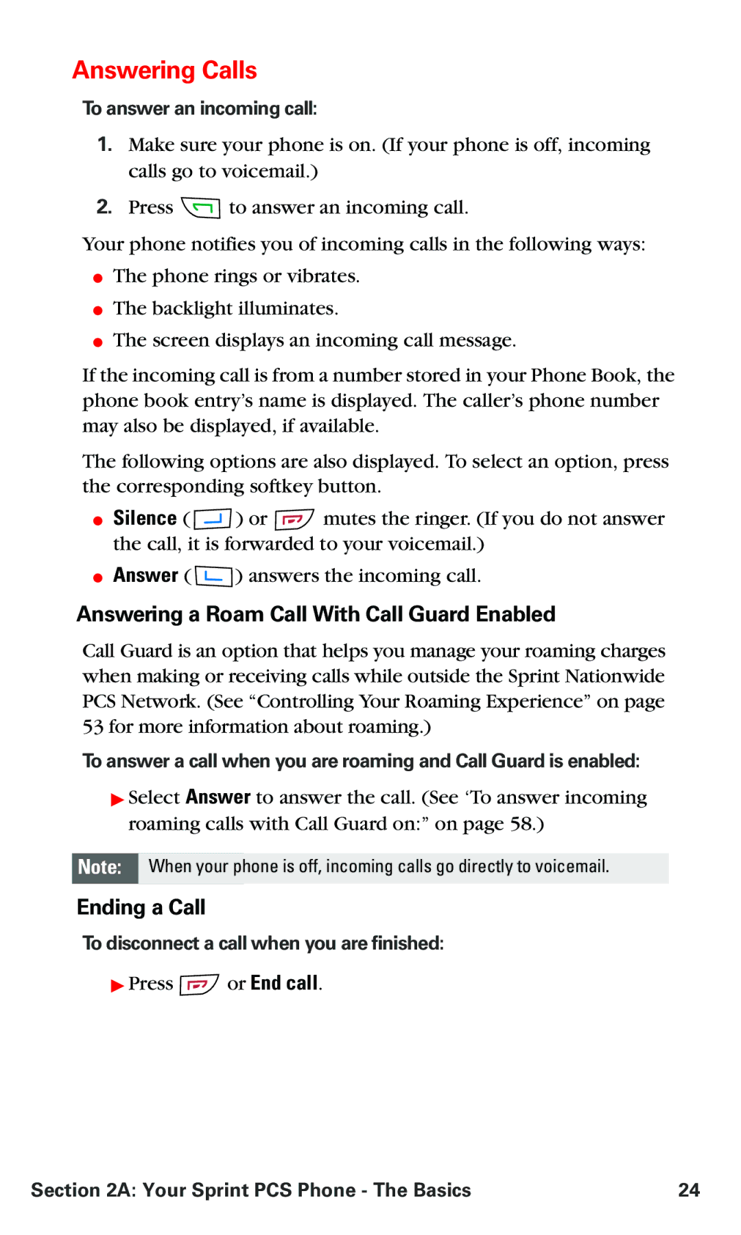 Nokia V-6016i Answering Calls, Answering a Roam Call With Call Guard Enabled, Ending a Call, To answer an incoming call 