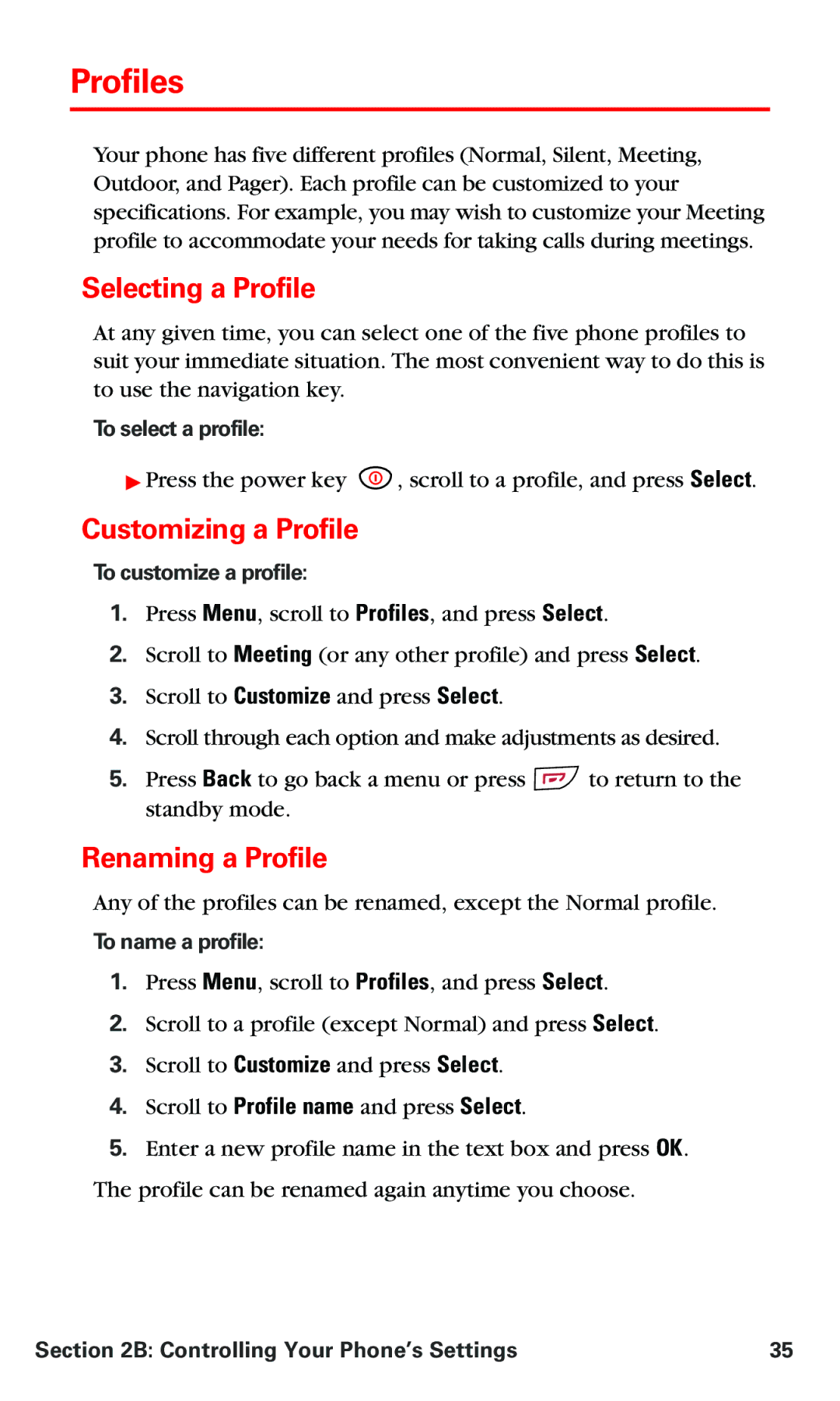 Nokia V-6016i manual Profiles, Selecting a Profile, Customizing a Profile, Renaming a Profile 