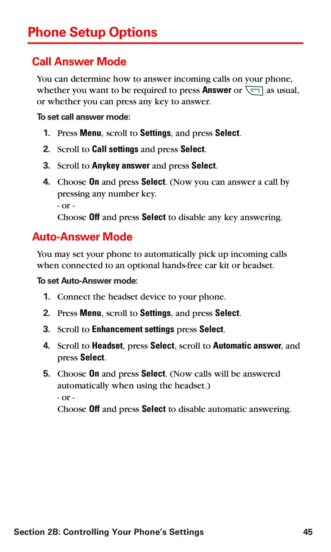 Nokia V-6016i manual Phone Setup Options, Call Answer Mode, Auto-Answer Mode, Scroll to Enhancement settings press Select 